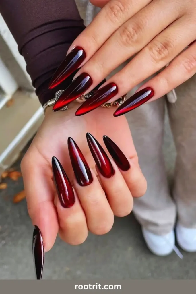 Dark Red Cat-Eye Nails