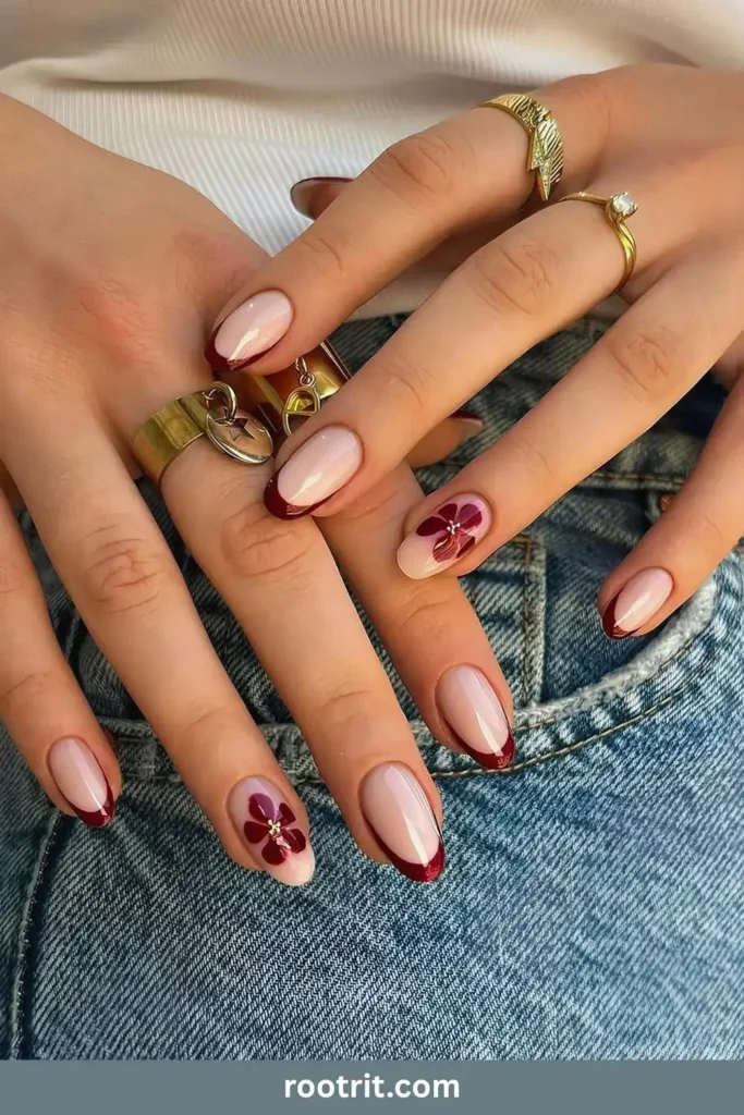 Red French Tip Nails With Flowers