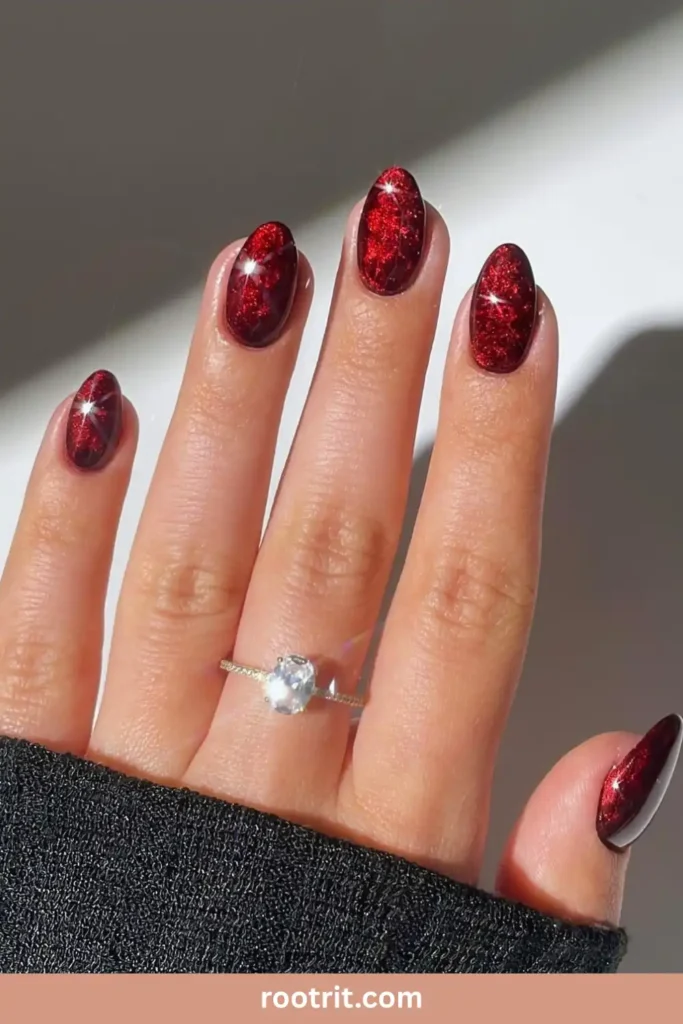 Dark Red Glitter Accent Nails