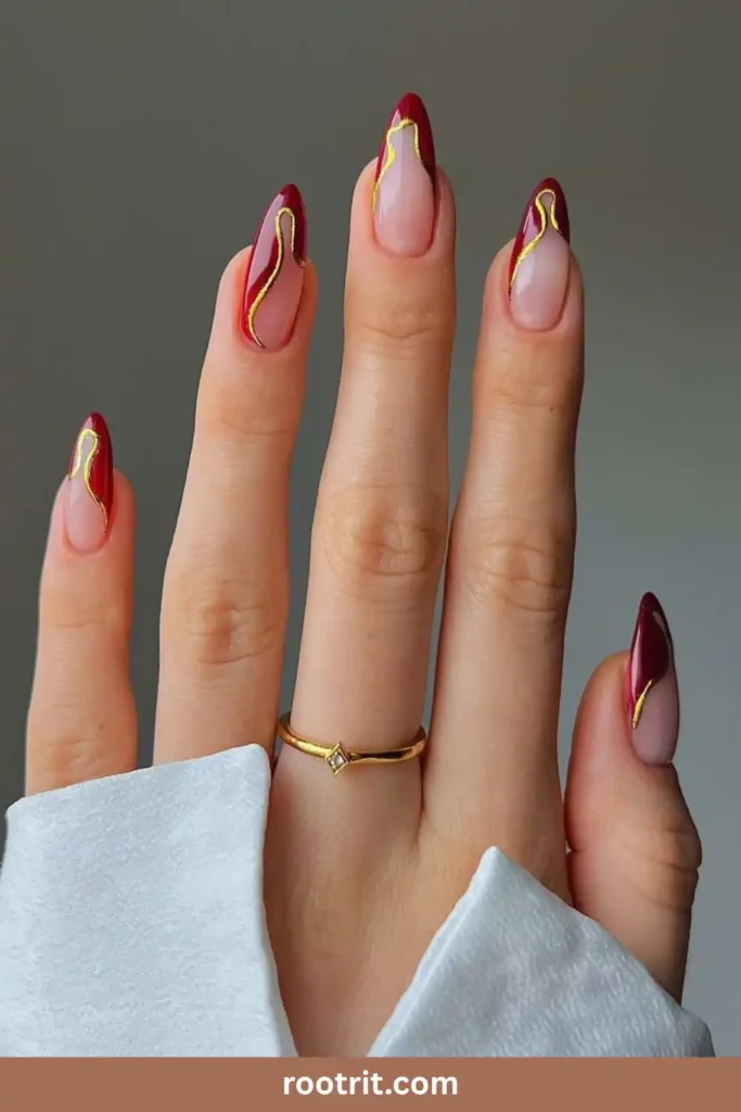 Dark Red and Gold Nails