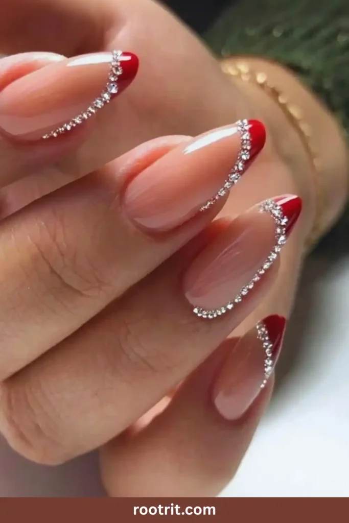 Red French Tips With Rhinestones