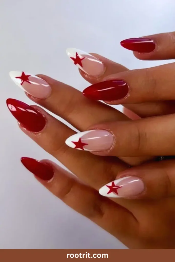 Red French Tips With Star Accents