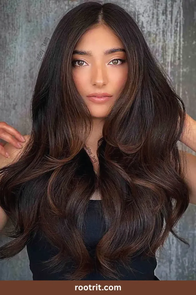glossy dark brunette hair woman