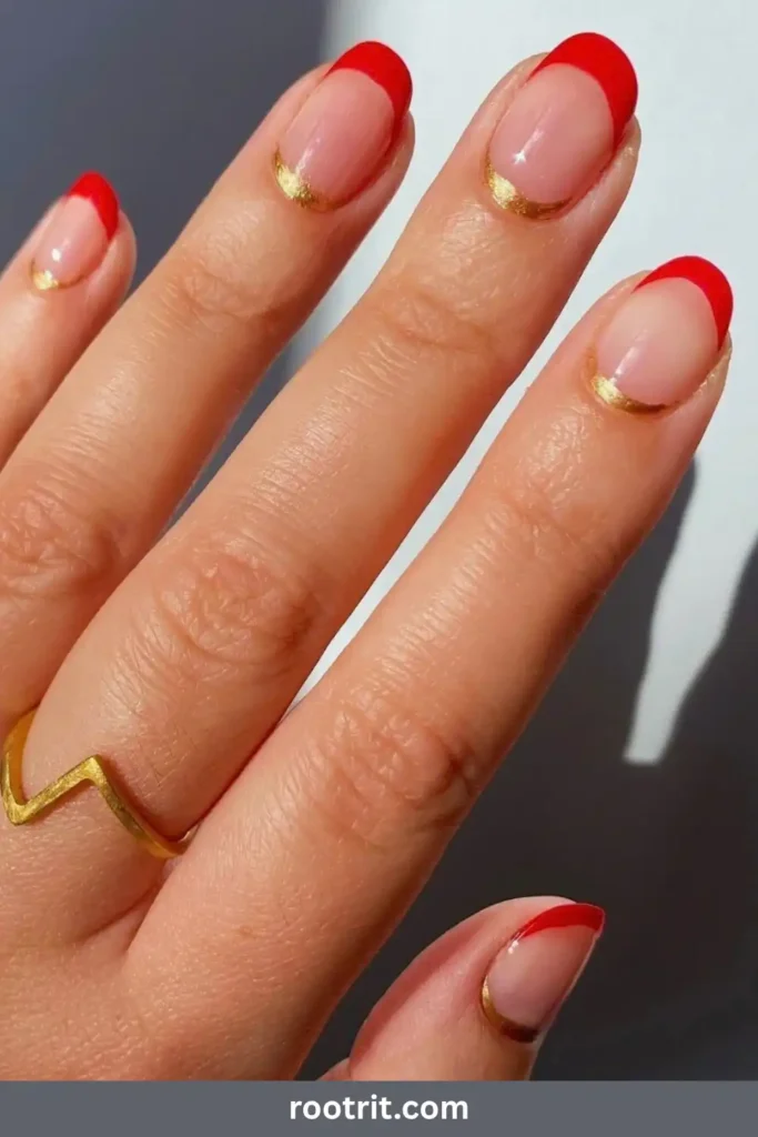 Red French Tip Nails With Gold Line