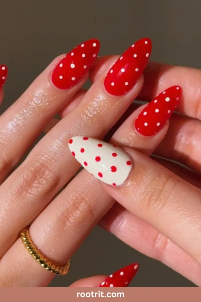 Dark Red Nails With White Polka Dots