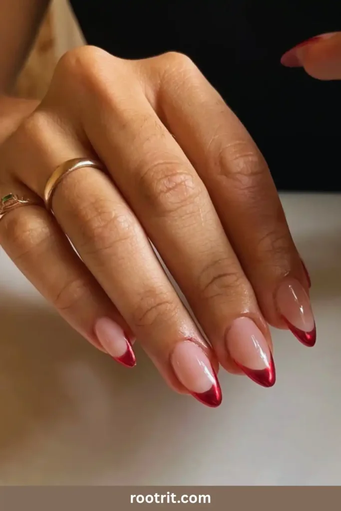 Red French Tip Nails With Chrome