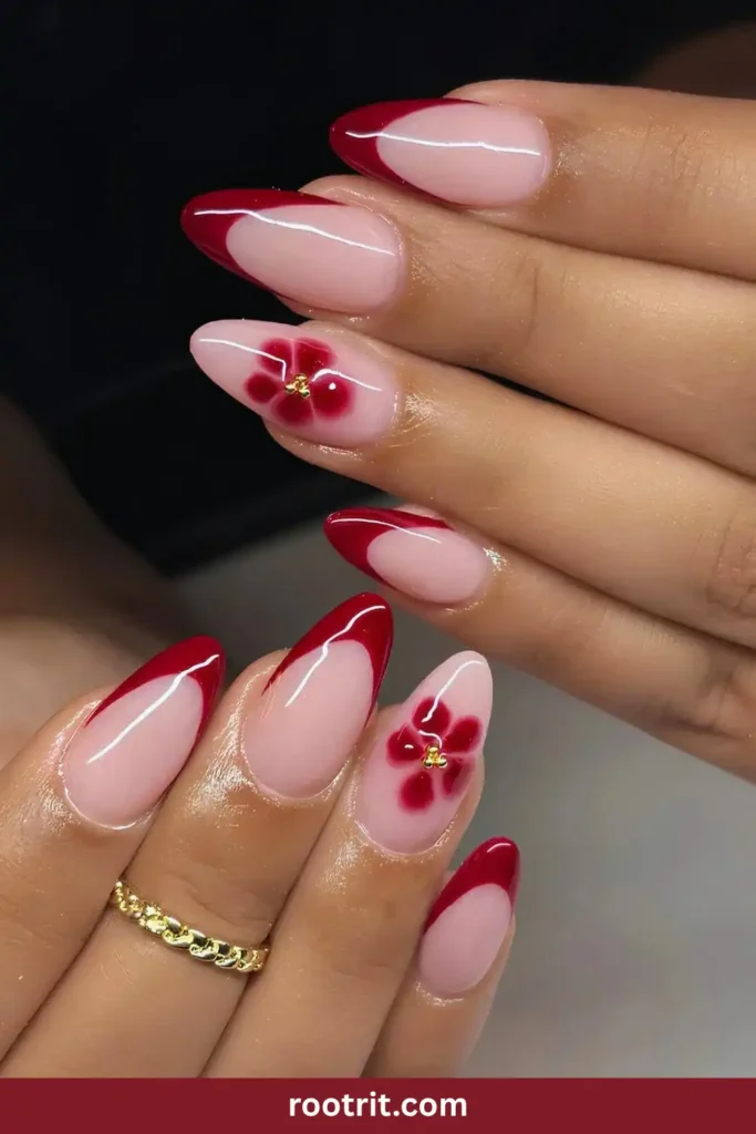Dark Red Nails With Flowers