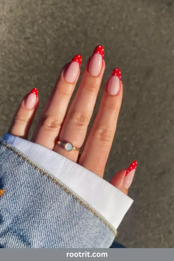 Red French Tip Nails With Polka Dots